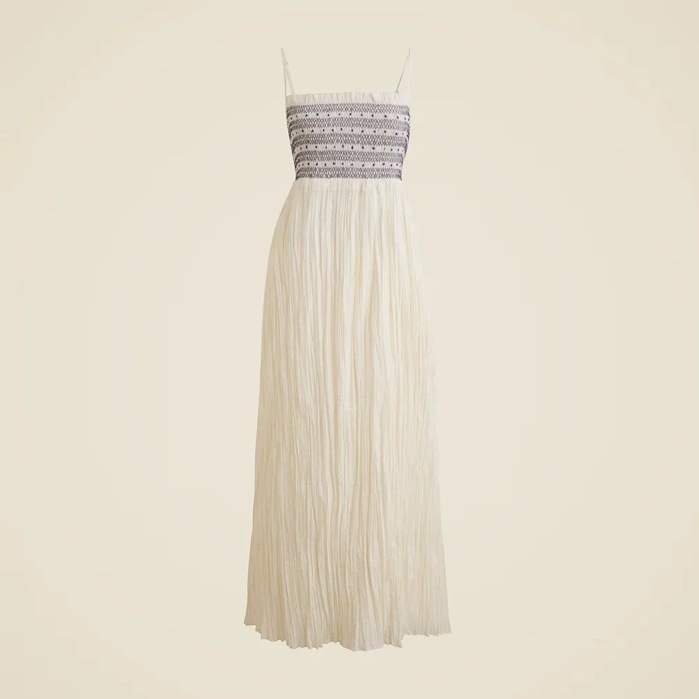 J.Crew Catania Cotton Smocked Maxi‎ Dress XL White Blue Summer Vacation Easy NWT